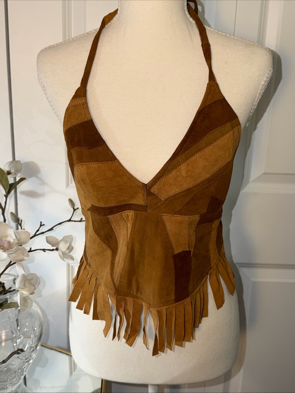 Wet Seal Brown Suede Patchwork Fringe Halter Top